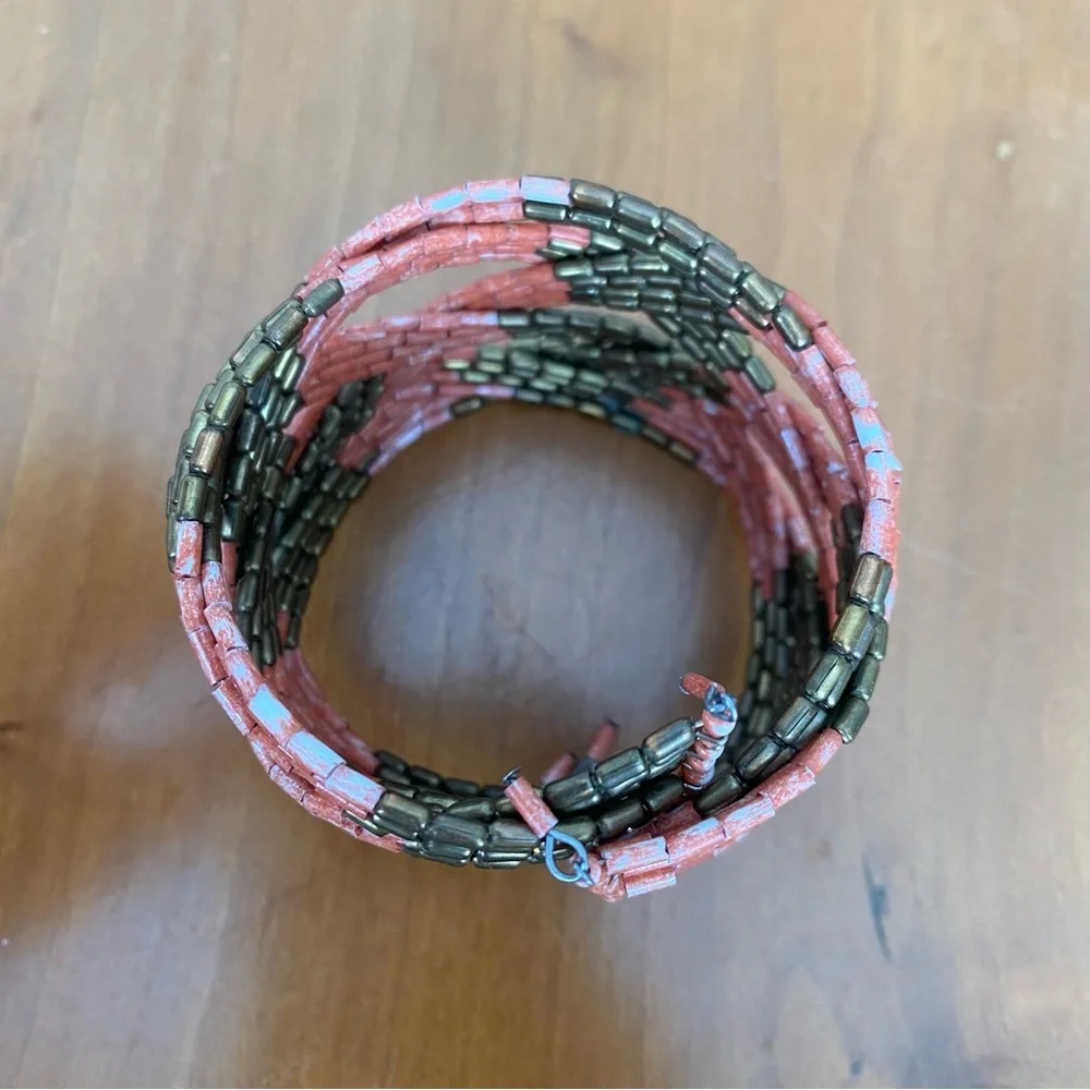 Salmon pink and bronze-gold Multicolor Seed Beaded Cuff Bracelet, 2-inches wide
